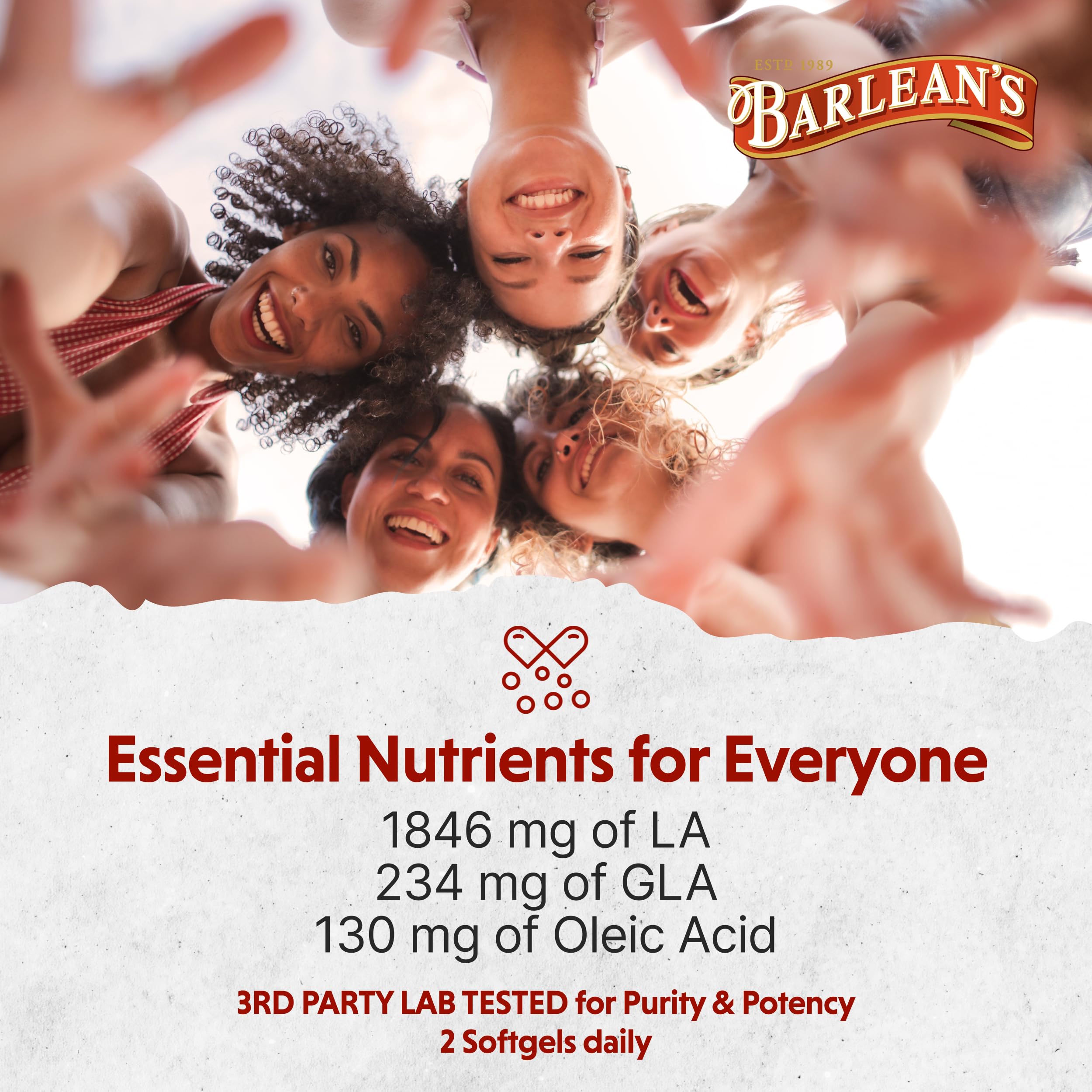 Serving suggestion showing two softgels daily