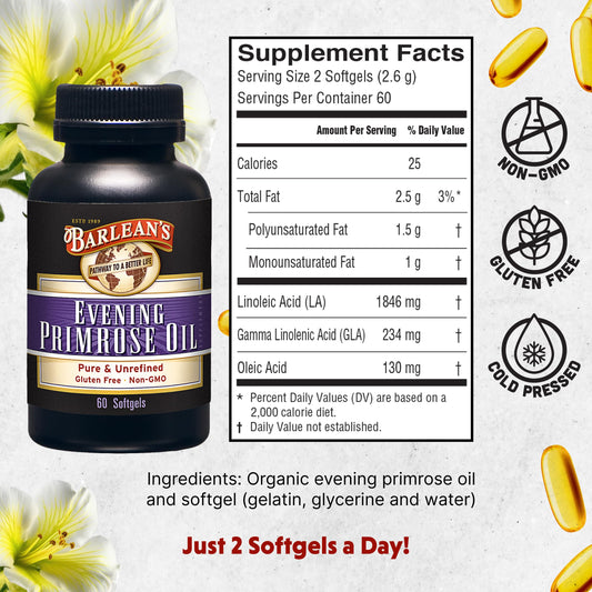 Close-up of Barlean's primrose oil softgels capsules