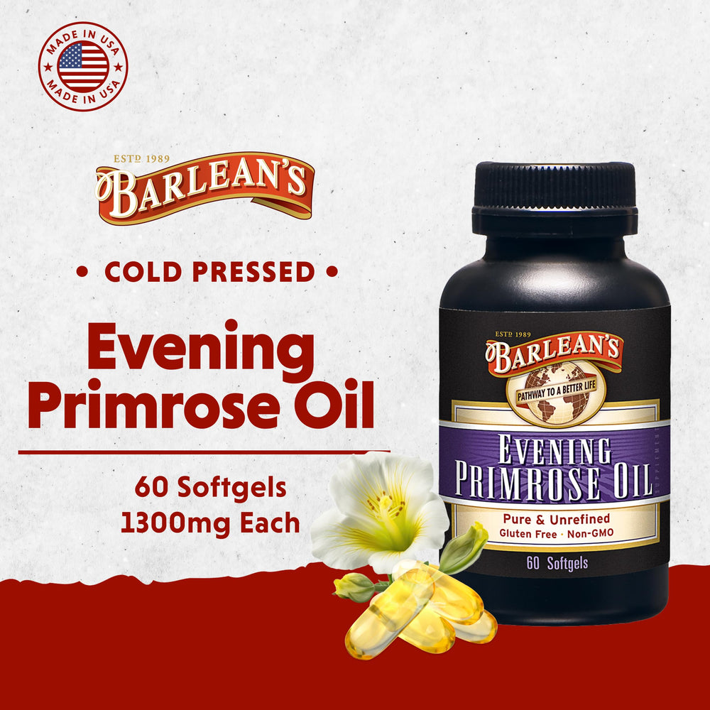 Barlean's Evening Primrose Oil label showing Gamma-Linolenic Acid (GLA)