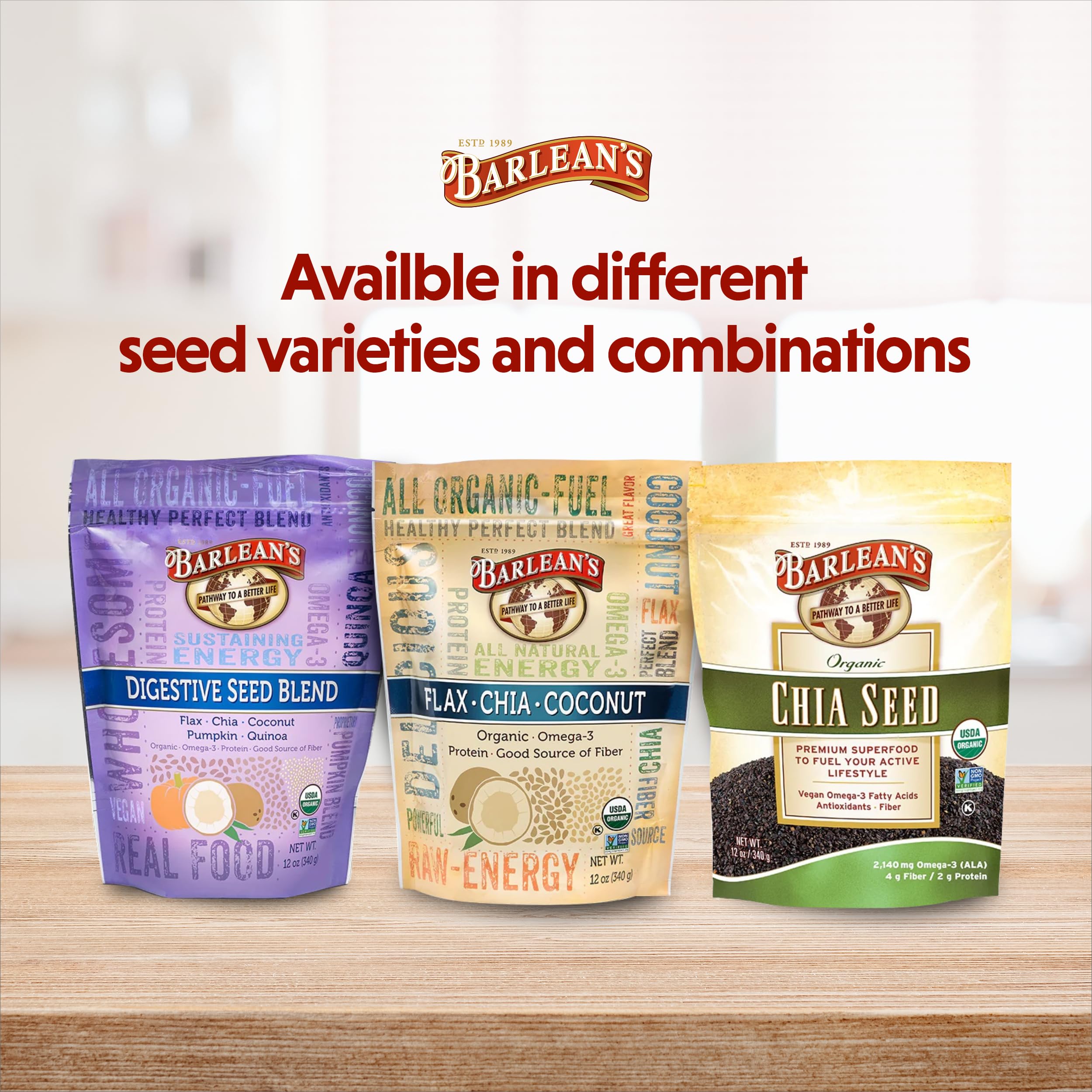 Barlean's 12 oz seed blend packaging on a wooden surface