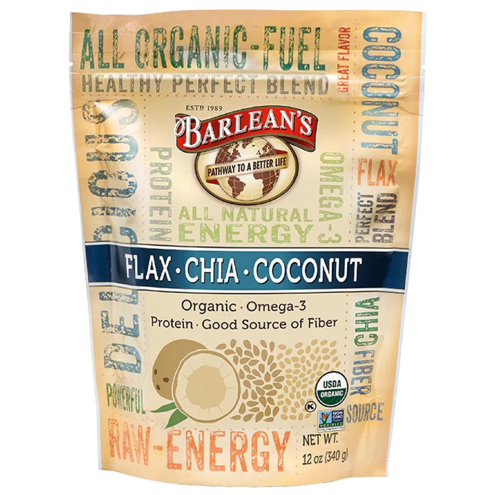 Front view of Barlean's Organic Flax Chia Coconut Seed Blend 12 oz packaging