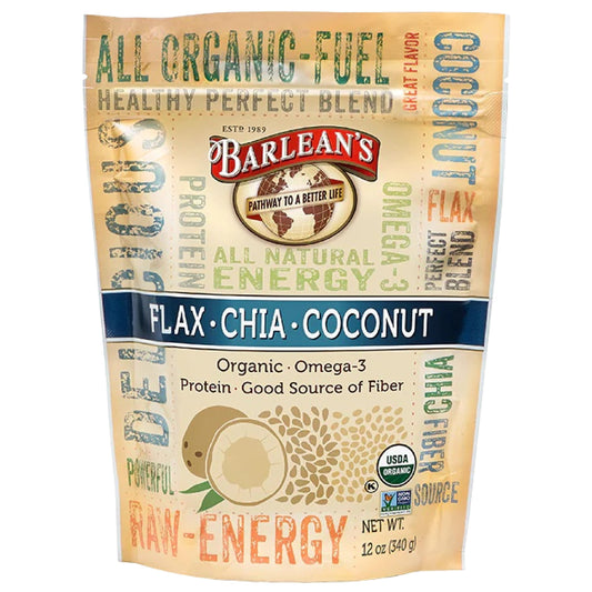 Front view of Barlean's Organic Flax Chia Coconut Seed Blend 12 oz packaging
