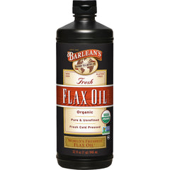 Barlean's flaxseed oil bottle showing cold-pressed omega-3 source for heart-healthy meals.
