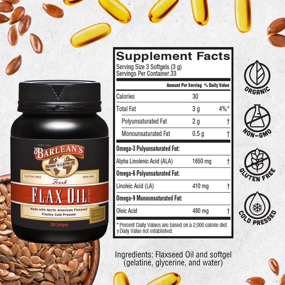 Barlean's flaxseed oil softgels 100-count package
