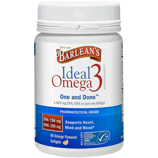 Barlean's Ideal Omega-3 Softgel bottle with orange flavor (60 count) - hero image