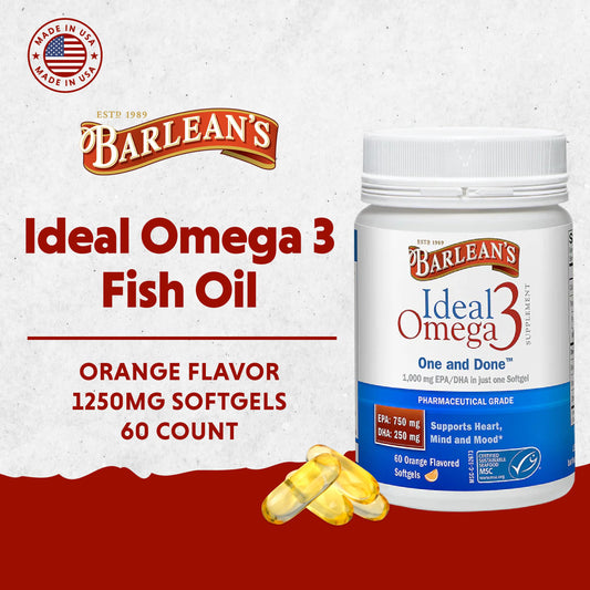 Close-up of Barlean's Ideal Omega-3 softgels showing EPA/DHA content