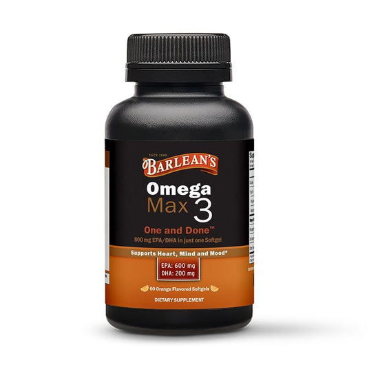Barlean's Ideal Omega Max 3 Fish Oil softgel bottle with orange flavor, 60 count