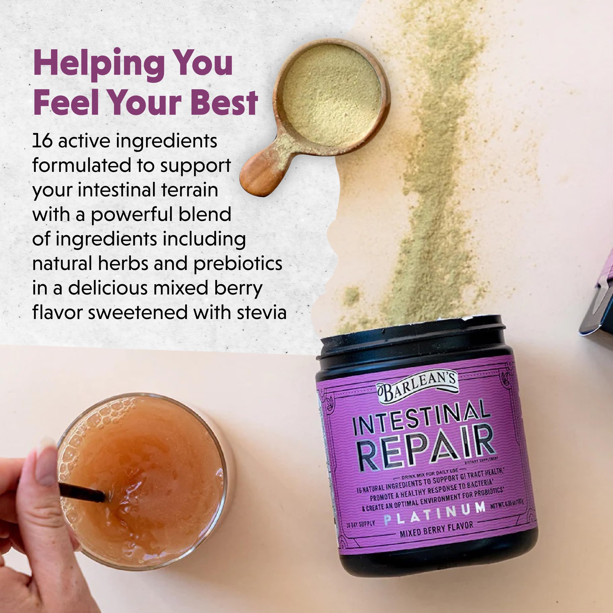 Close-up of Barlean's Intestinal Repair 16-ingredient blend