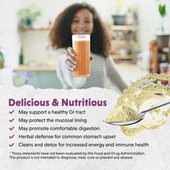 Mixed berry flavored powder in a glass of water with Barlean's Intestinal Repair