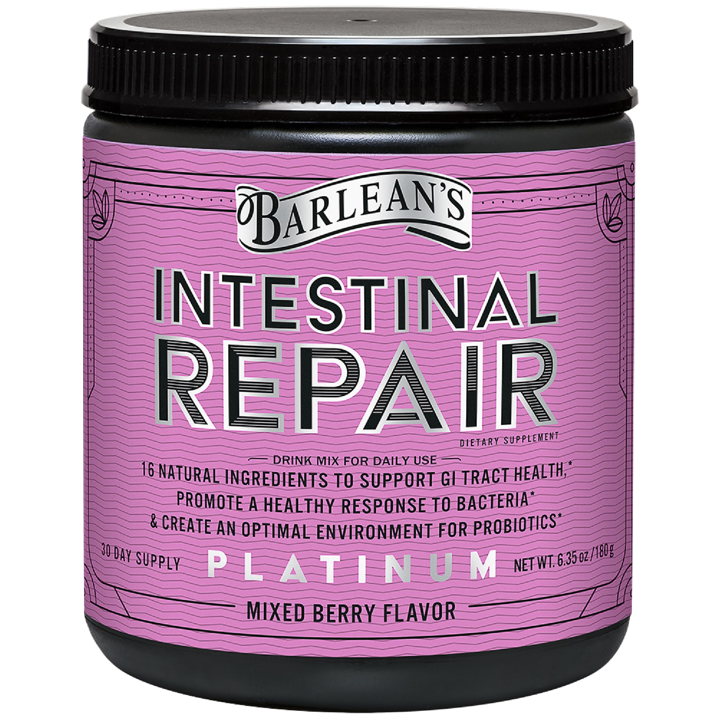 Barlean's Intestinal Repair powder bottle showing 16-ingredient formula for gut health