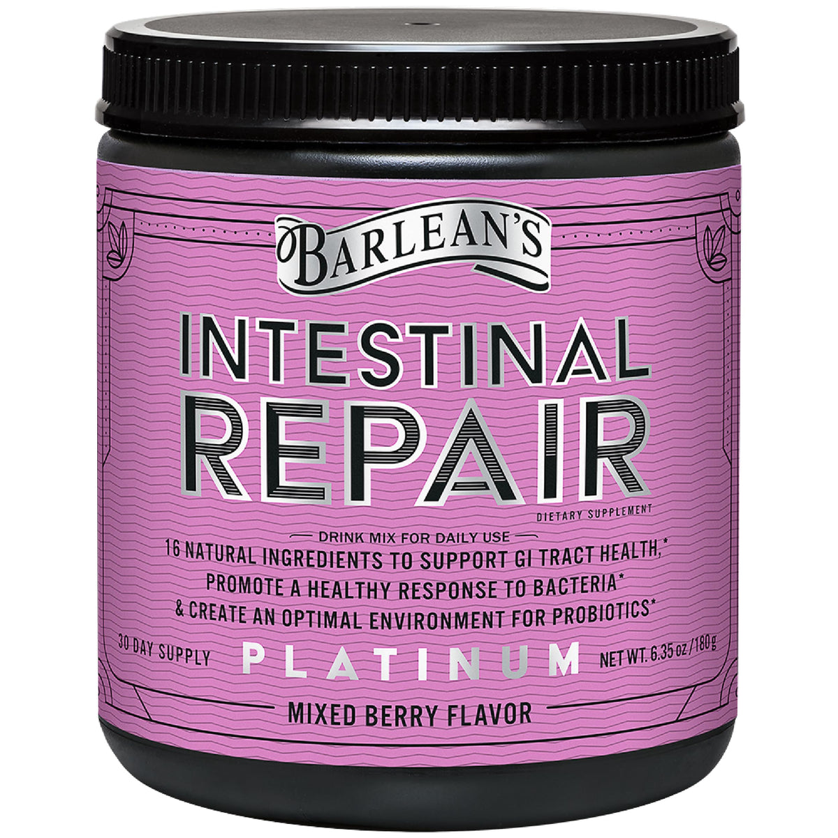 Barlean's Intestinal Repair powder bottle showing 16-ingredient formula for gut health