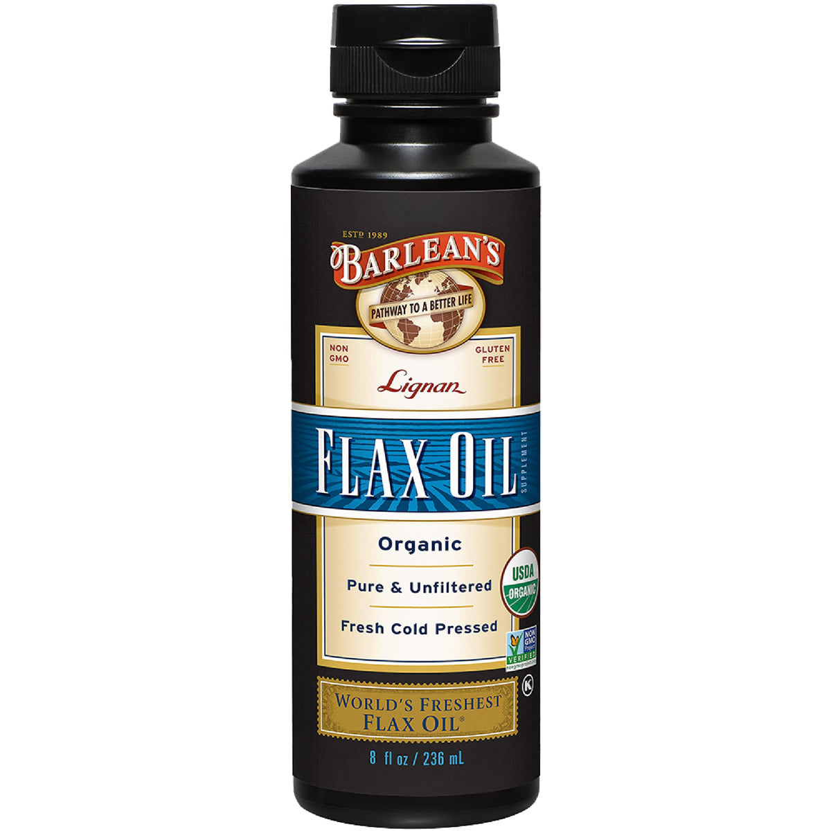 Barlean's Organic Lignan Flaxseed Oil bottle front label – 8 oz