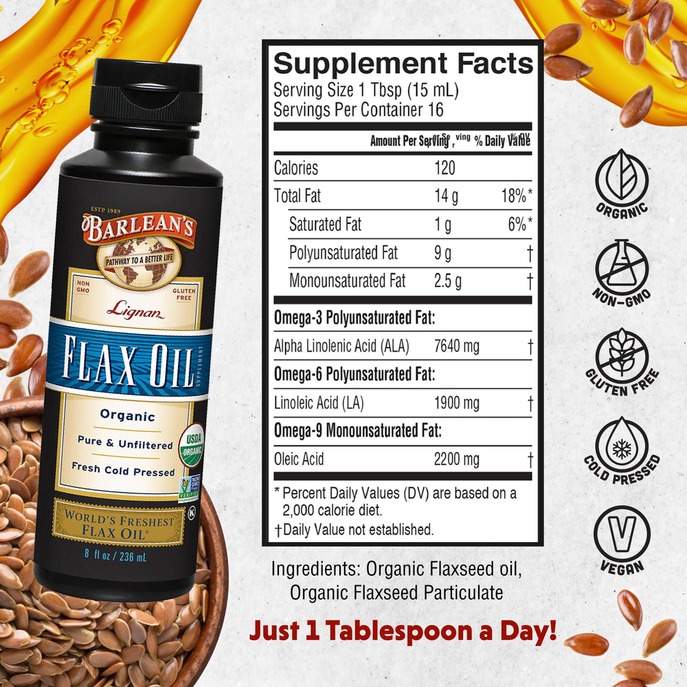 Barlean's flaxseed oil bottle back label showing organic, vegan and gluten-free claims