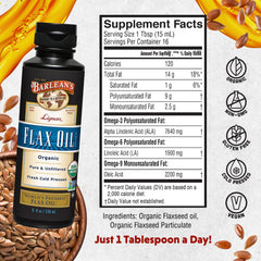 Barlean's flaxseed oil bottle back label showing organic, vegan and gluten-free claims