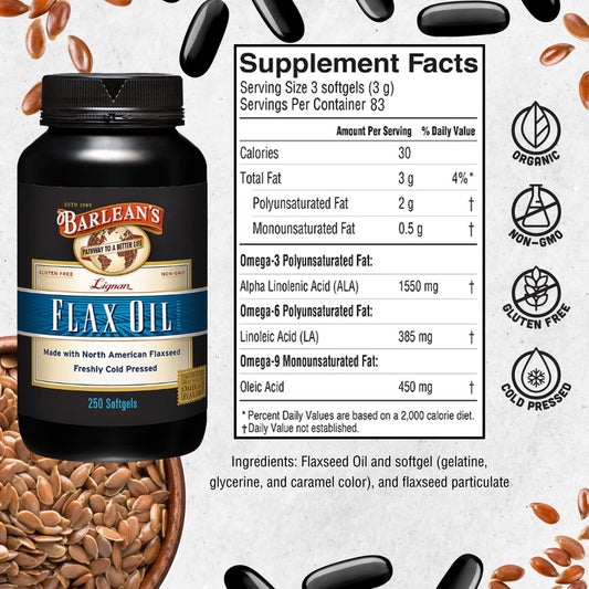 Barlean's Lignan Flaxseed Oil Softgels bottle with label visible