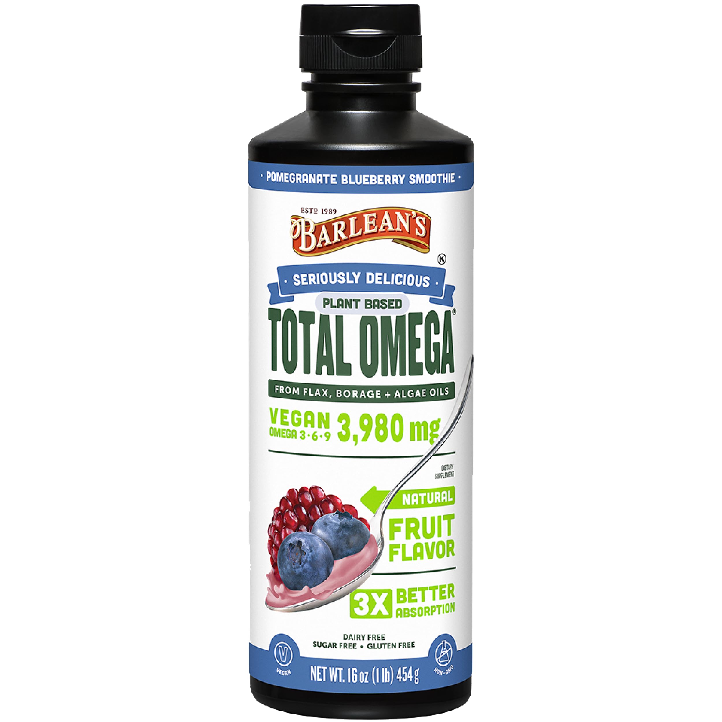 Barlean's Liquid Flaxseed, Borage & Algae Oils bottle – Pomegranate Blueberry flavor, 16 oz