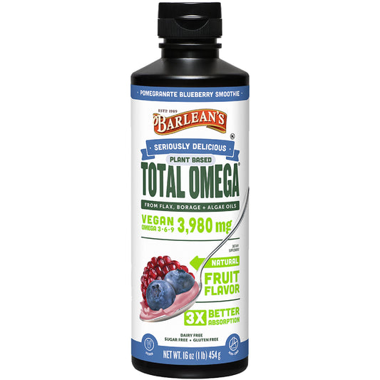 Barlean's Liquid Flaxseed, Borage & Algae Oils bottle – Pomegranate Blueberry flavor, 16 oz