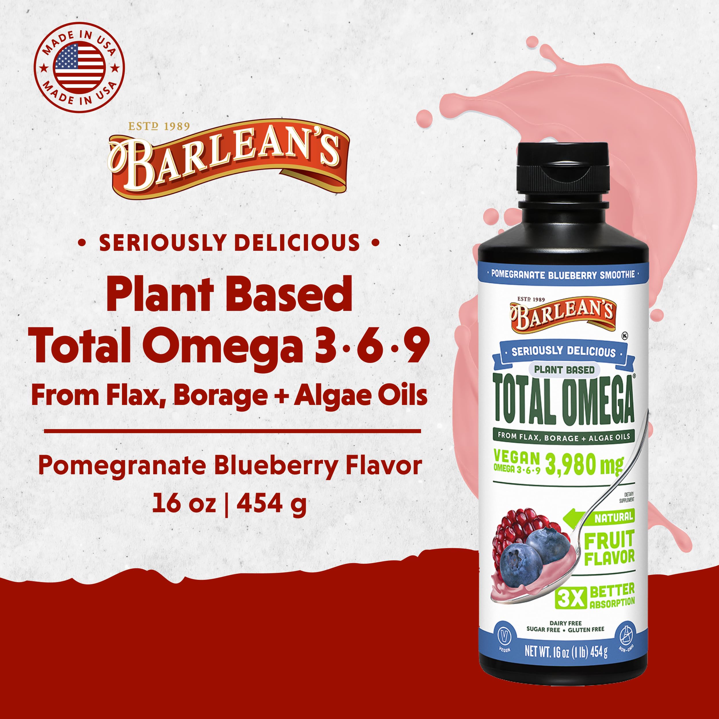 Front label close-up of Barlean's Omega-3-6-9 oil