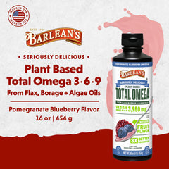 Front label close-up of Barlean's Omega-3-6-9 oil