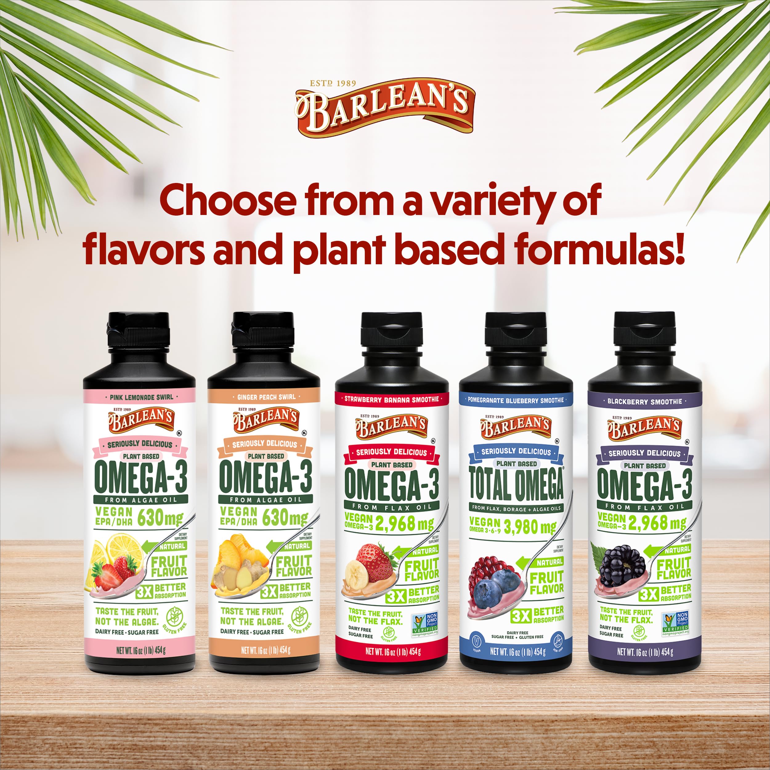 16 oz Barlean's Omega-3-6-9 bottle on a kitchen counter