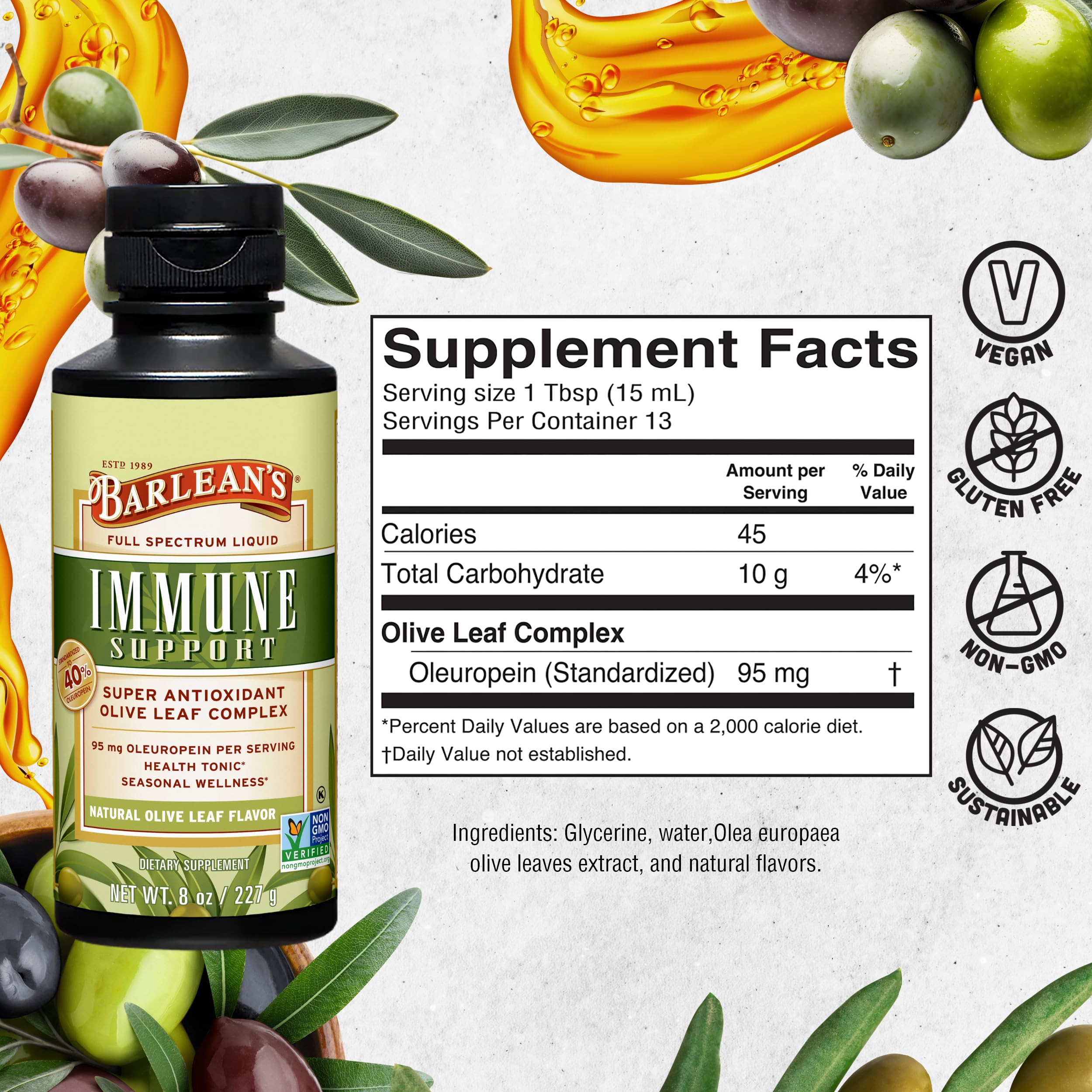Product label highlighting 95 mg oleuropein per tablespoon