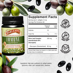 Packaging for Barlean's Olive Leaf Complex emphasizes non-GMO and sustainable sourcing.