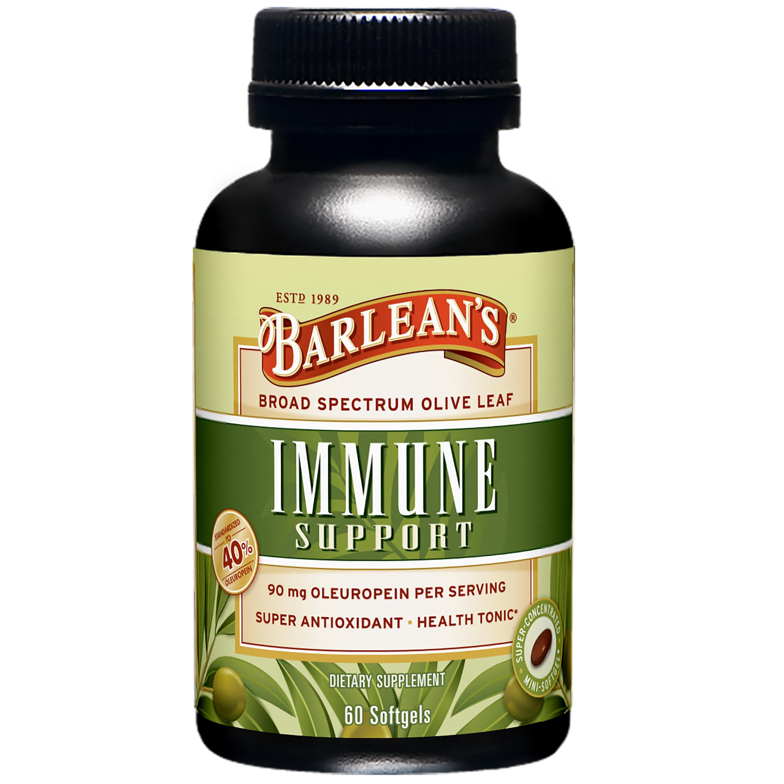 Barlean's Olive Leaf Complex Softgels bottle and label – 60 count