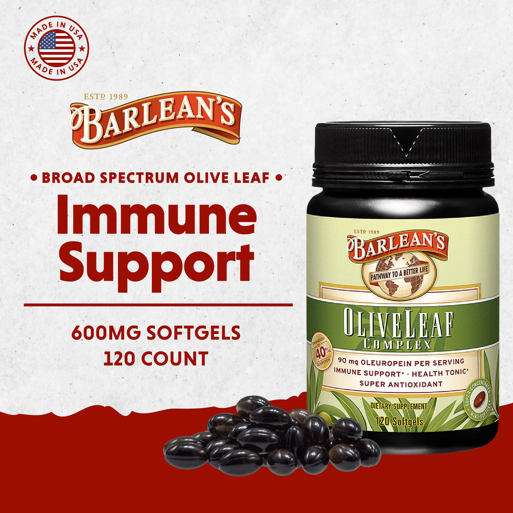 Barlean's Olive Leaf Complex softgels closeup highlights compact daily dosage.