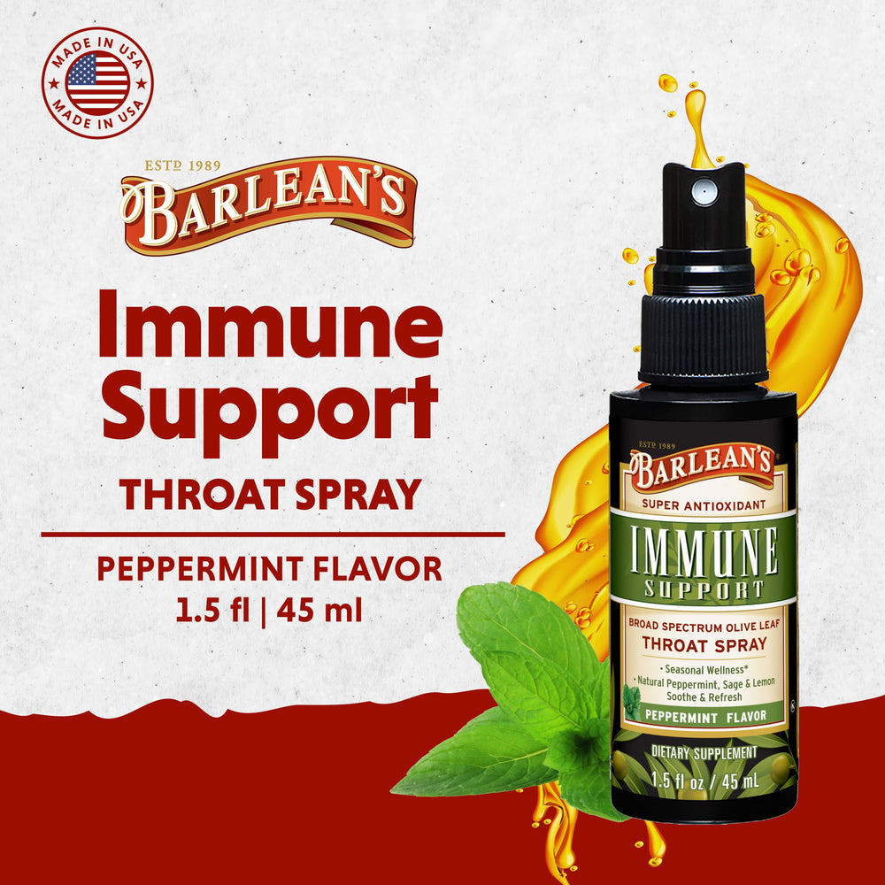 Product shot of Barlean's Olive Leaf Complex Throat Spray on a white background