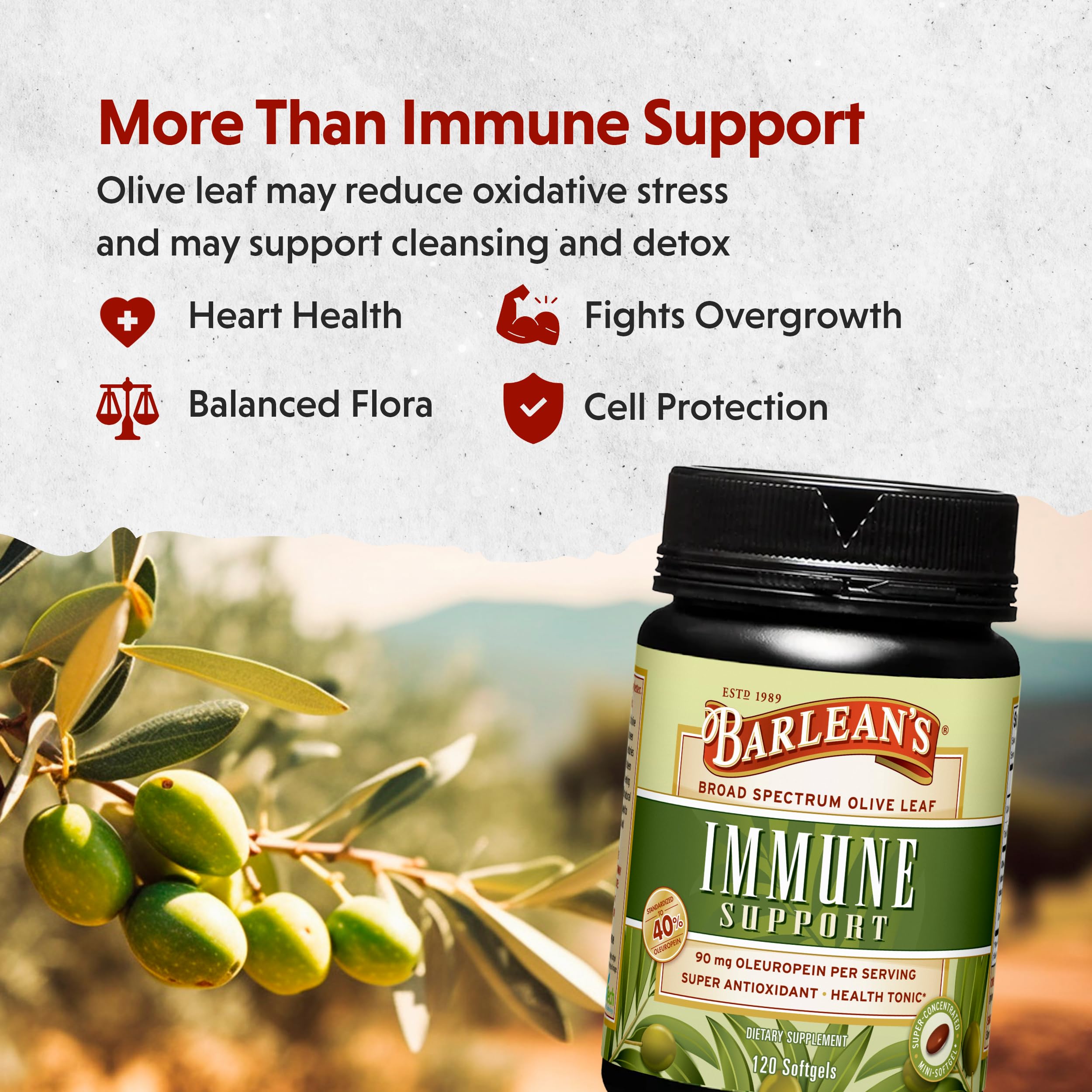 Label highlighting oleuropein content on Barlean's Olive Leaf Complex