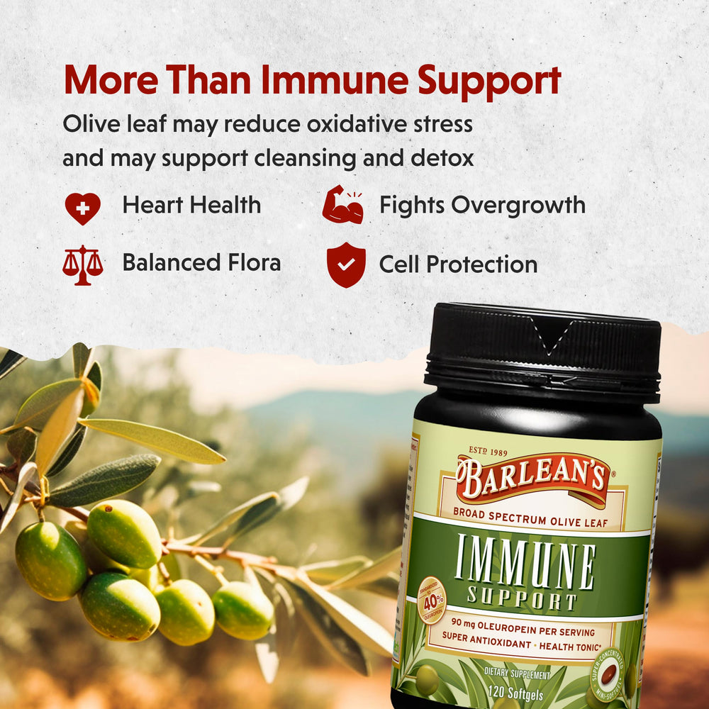 Label highlighting oleuropein content on Barlean's Olive Leaf Complex