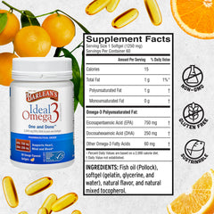 Barlean's omega-3 capsules visually suggest heart and brain wellness.
