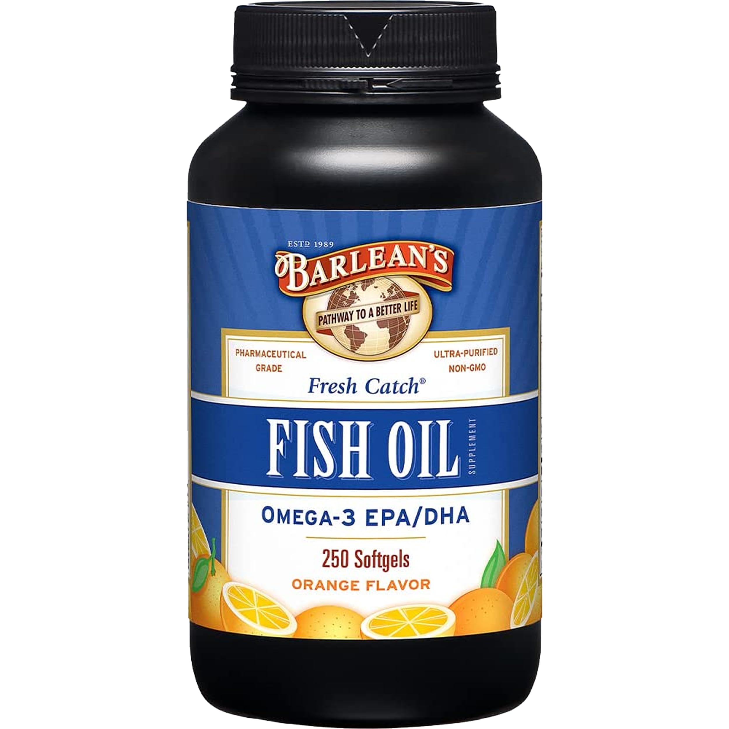 Barlean's Omega-3 600mg orange-flavored softgels bottle, 250-count