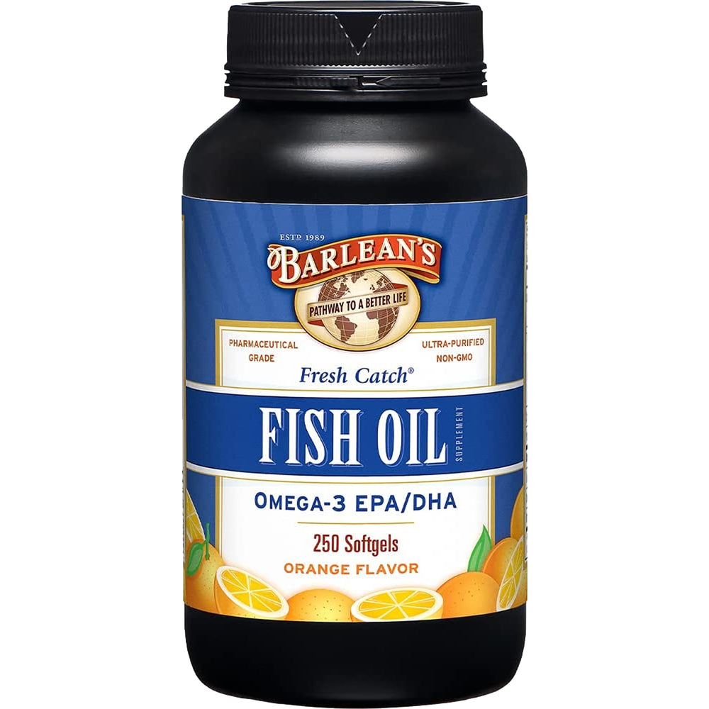 Barlean's Omega-3 600mg orange-flavored softgels bottle, 250-count
