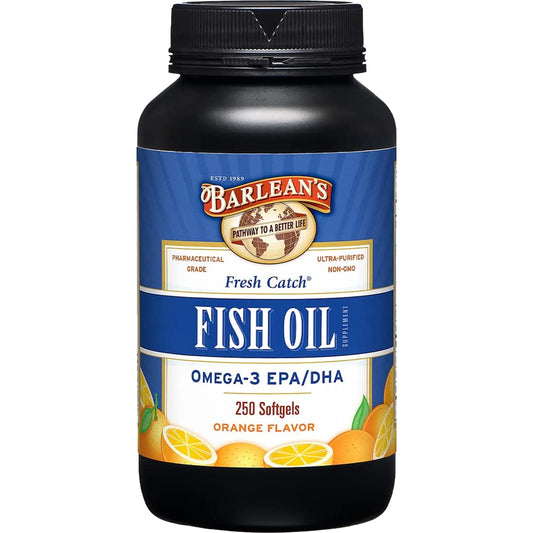 Barlean's Omega-3 600mg orange-flavored softgels bottle, 250-count