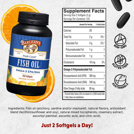 Barlean's Omega-3 orange-flavored fish oil softgels in bottle