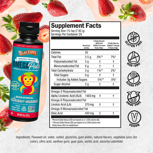 Serving spoon showing 1 teaspoon serving of Omega Pals flaxseed oil