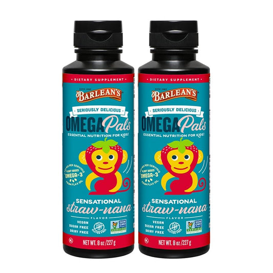 Barlean's Omega Pals kids flaxseed oil bottle with Straw-Nana flavor, 8 oz, 2-pack