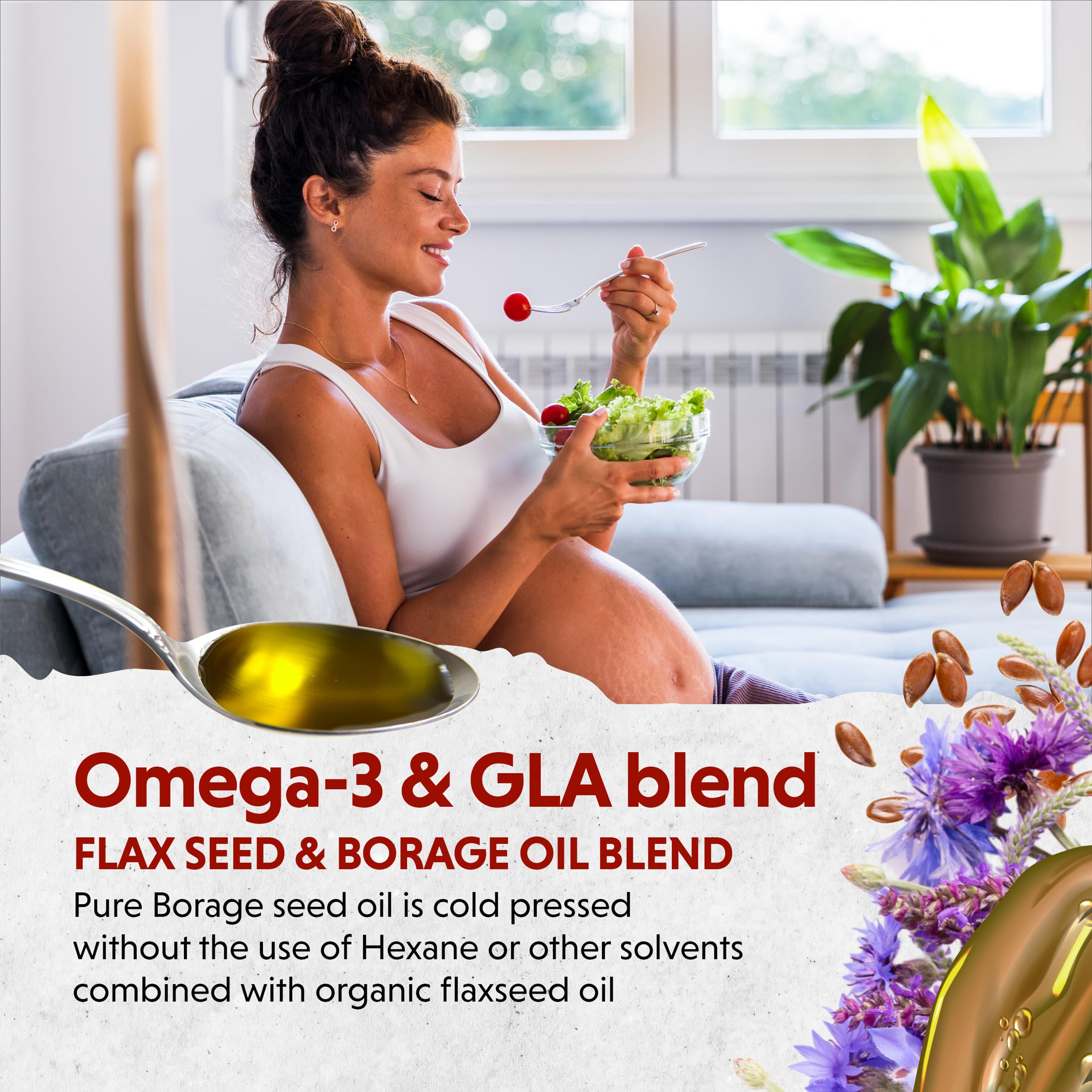 Ingredients list featuring organic flax seed and cold-pressed borage seeds