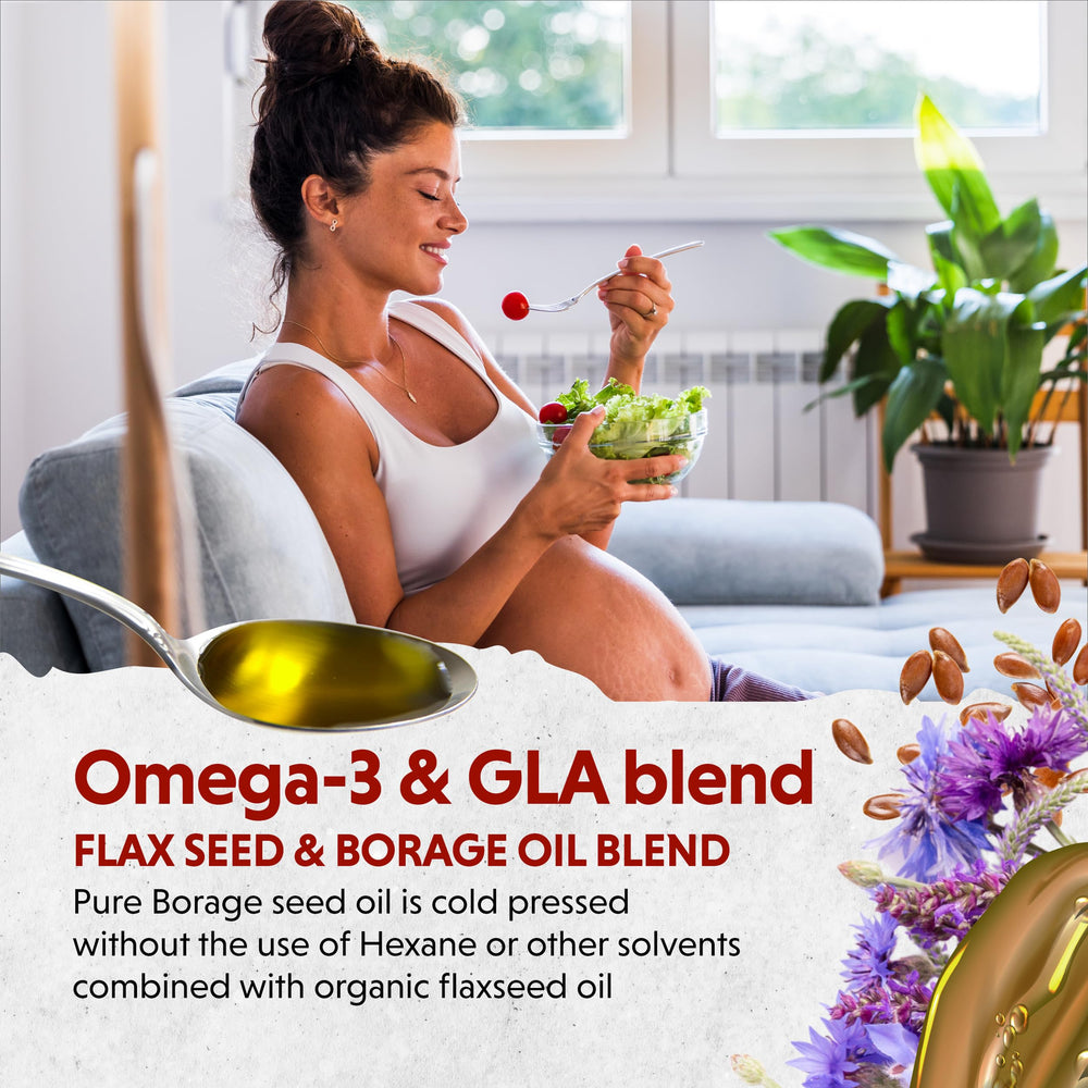 Ingredients list featuring organic flax seed and cold-pressed borage seeds