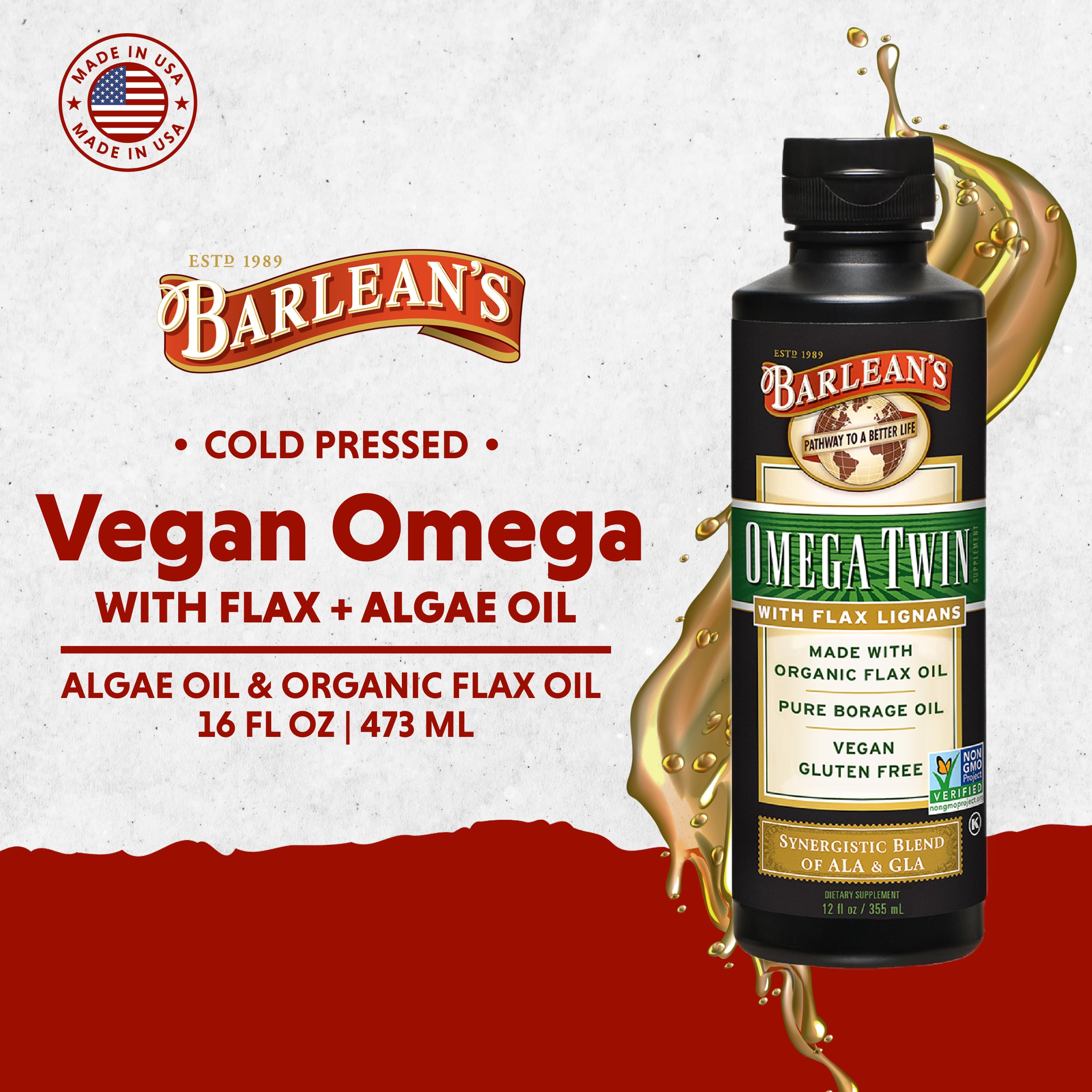 Close-up of Barlean's Omega Twin label showing ingredients
