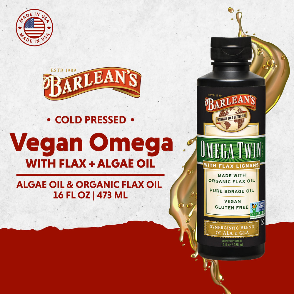 Close-up of Barlean's Omega Twin label showing ingredients
