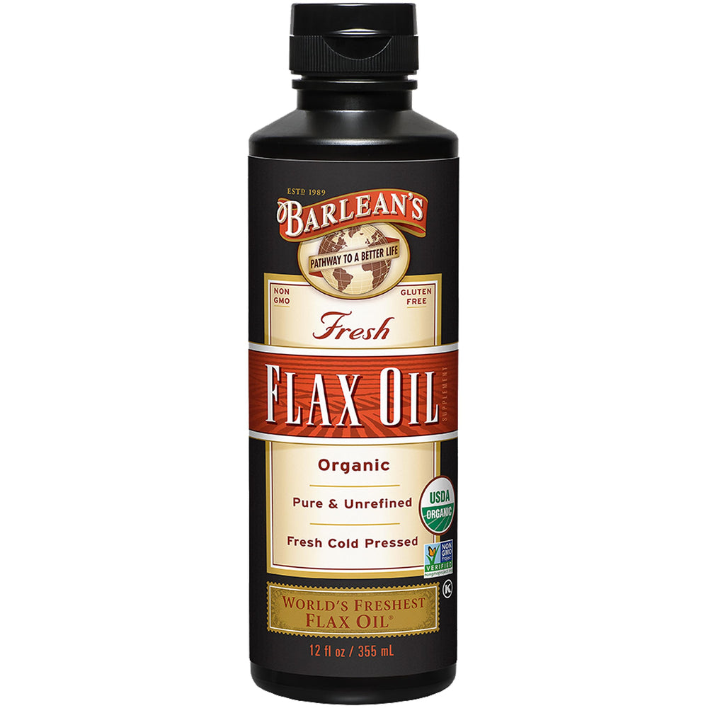Barlean's Organic Flaxseed Oil bottle, cold-pressed