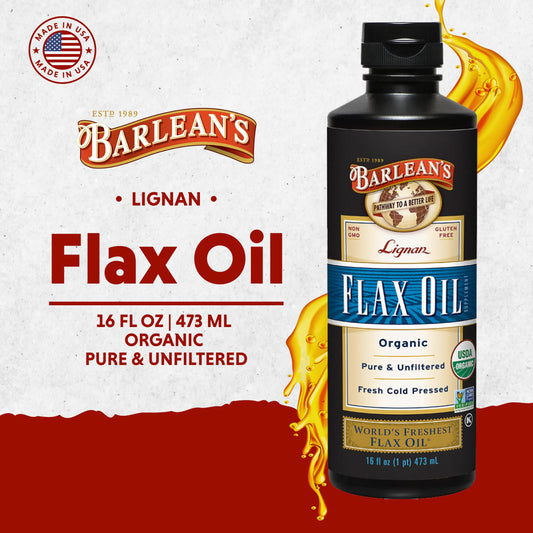 Barlean's flaxseed oil label showing organic and vegan icons