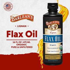 Barlean's flaxseed oil label showing organic and vegan icons