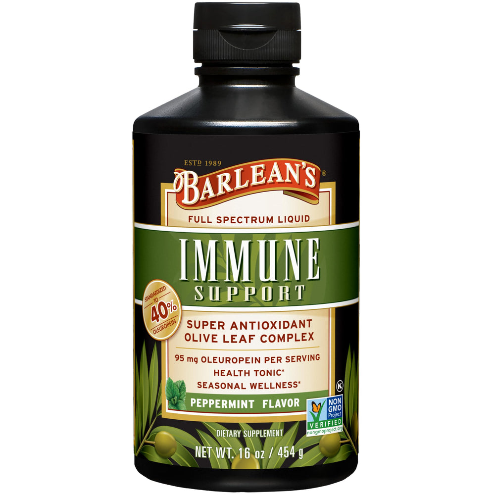 Barlean's Peppermint Olive Leaf Complex bottle for daily immune support and antioxidants.