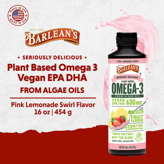 Close-up of Barlean's vegan algae oil label showing 630 mg EPA & DHA
