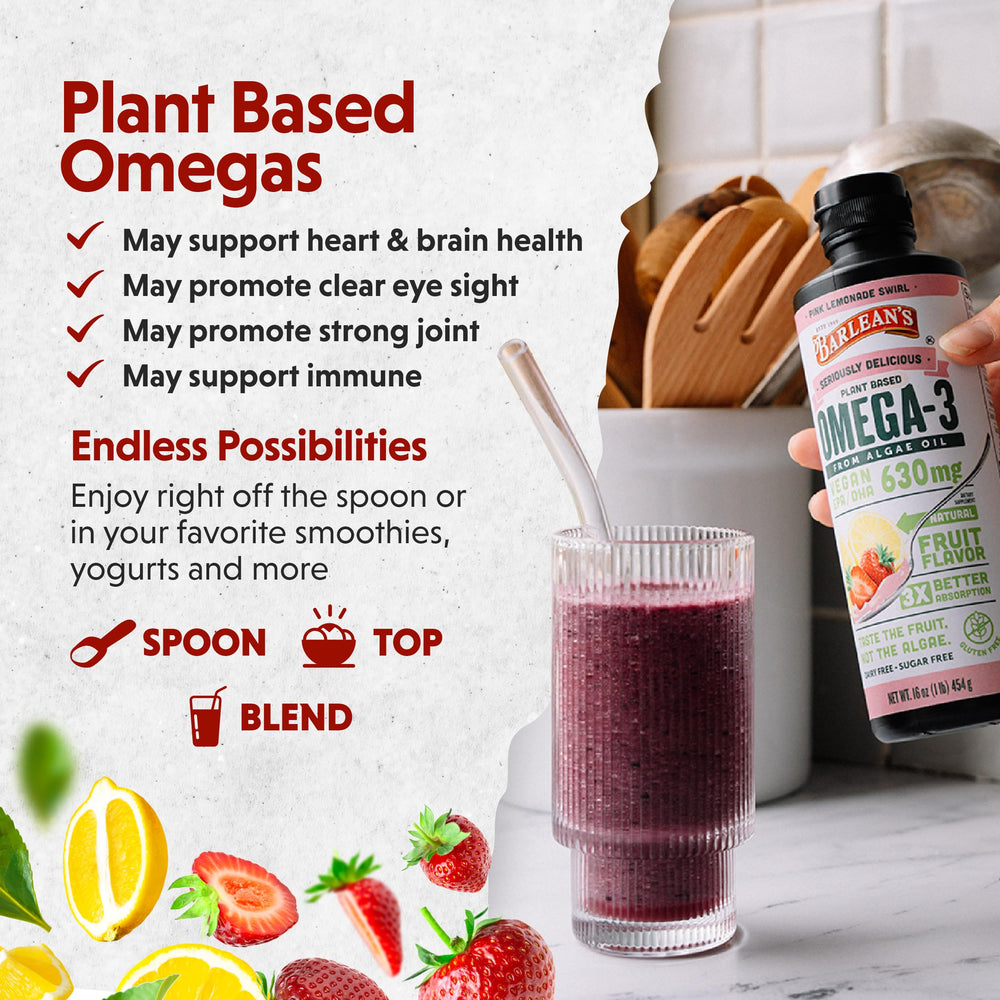 Pouring pink lemonade flavored vegan omega-3 oil