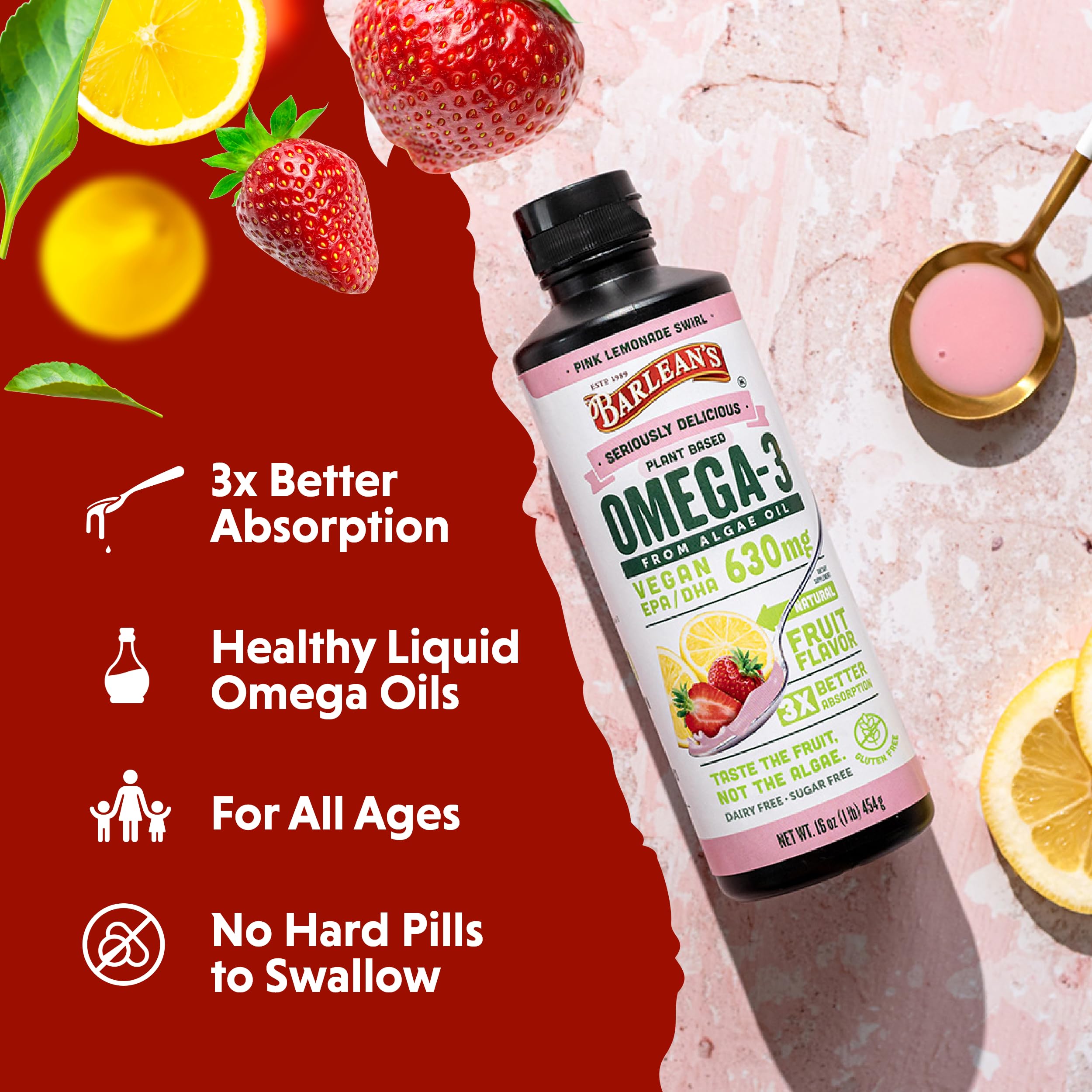 16 oz bottle of Barlean's vegan algae oil omega-3