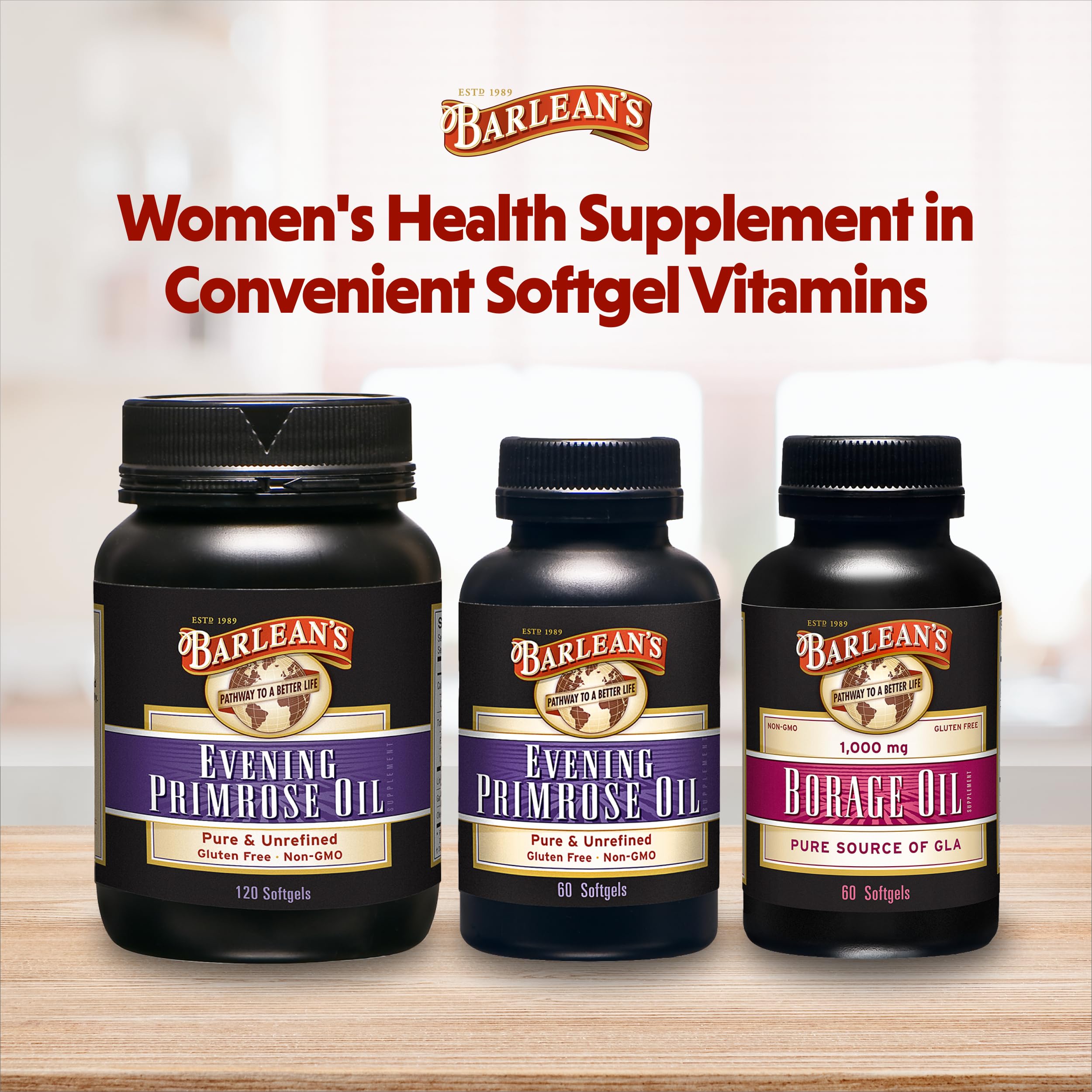 Front of Barlean's primrose oil box and bottle packaging